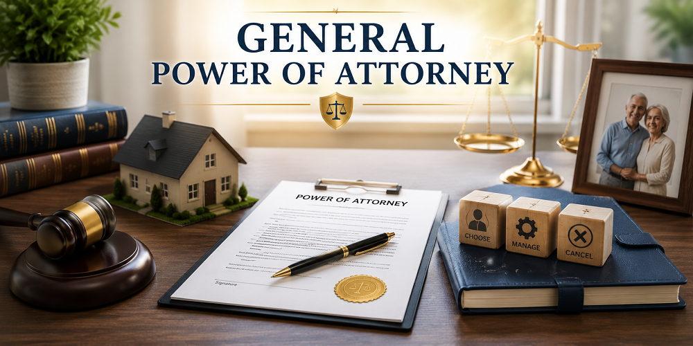 General Power of Attorney document on a legal office desk with a gavel, law books, house model, and symbols representing choosing, managing, and canceling legal authority.